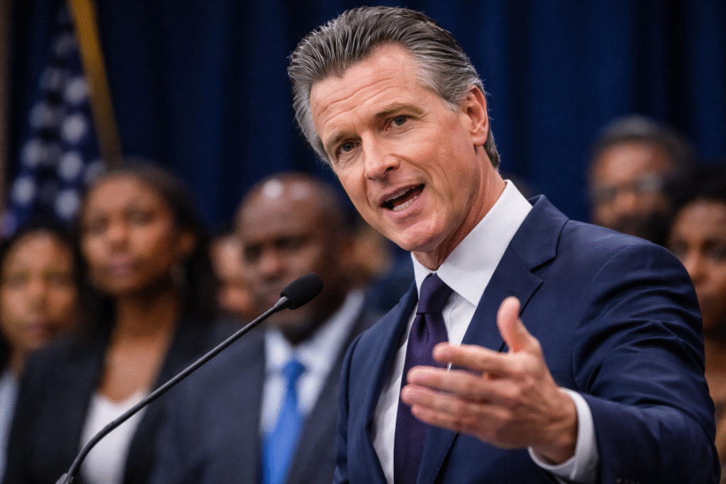 California governor speaking at a public event, addressing an audience while standing at a microphone.