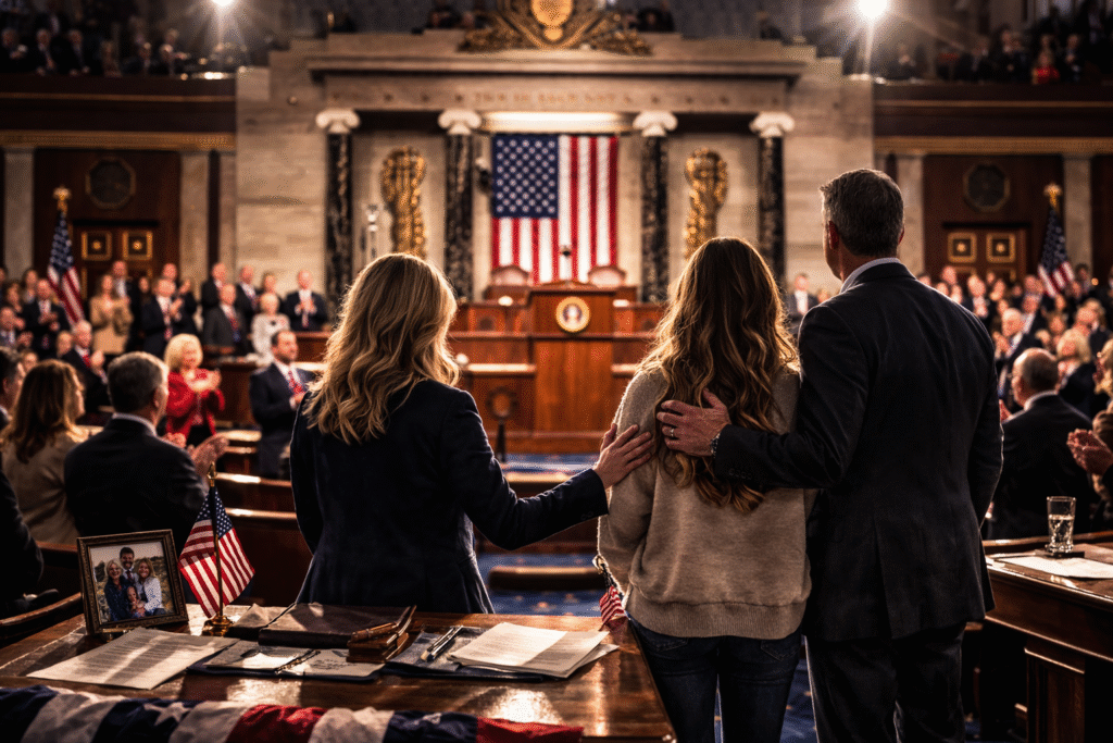 Composite image showing the U.S. Capitol at sunset, a congressional chamber with podium and American flag, and legal documents with a gavel in the foreground, symbolizing a major political address and policy debate.