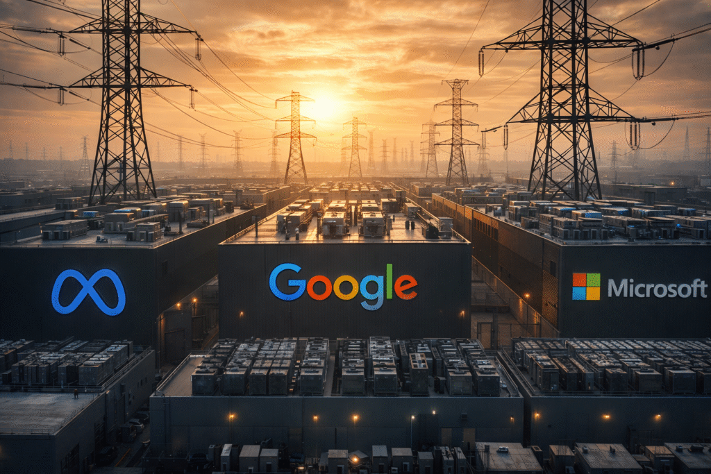 Large data center facilities beneath high-voltage transmission lines at sunset, with cooling units visible on rooftops and extensive grid infrastructure surrounding the site.