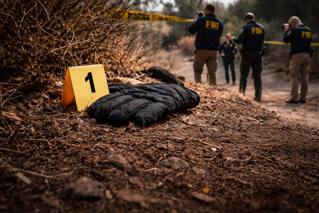 Black insulated glove lying on dry roadside ground beside a yellow evidence marker, with investigators and police tape visible in the background.