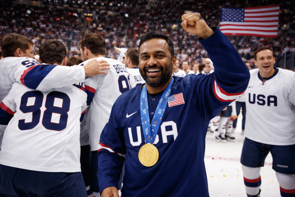 Kash Patel celebrating on the ice with Team USA hockey players after a gold medal victory, wearing a USA jersey and medal inside a packed arena.