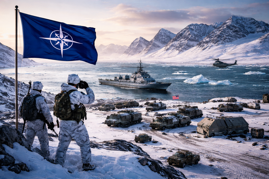 NATO forces and military vehicles positioned along a snowy Arctic coastline with warship and helicopter operating offshore near mountainous terrain