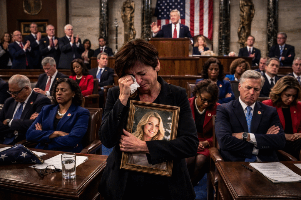 Grieving mother with short dark brown hair holding a framed portrait during a congressional address, with lawmakers seated behind her.