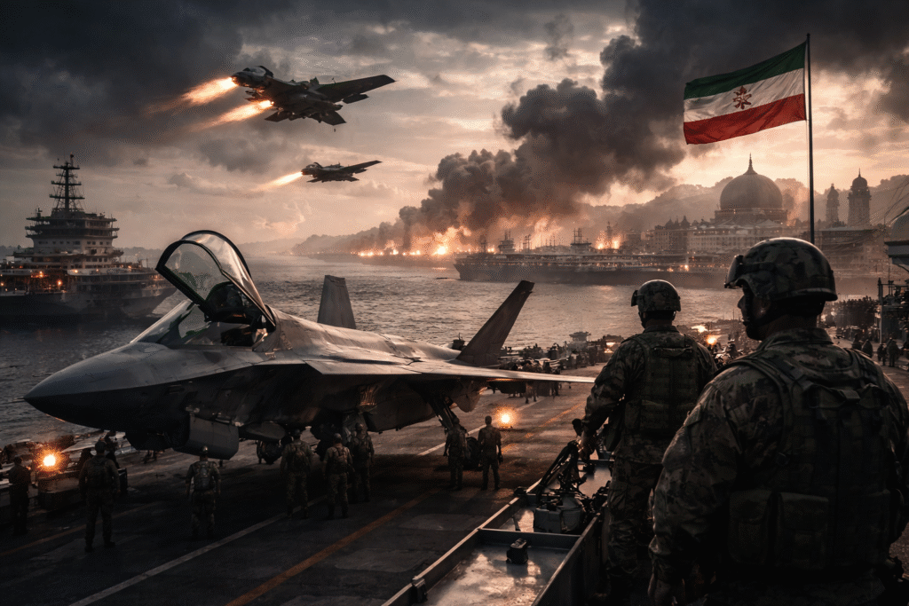 Military aircraft positioned on an aircraft carrier deck at dusk as fighter jets fly overhead, with smoke rising from coastal explosions in the distance.
