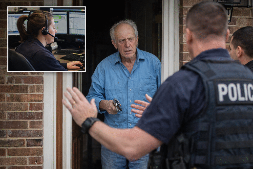Police officers speaking calmly with an elderly man holding a handgun at a doorway, with a 911 dispatcher working at a computer station shown in an inset image.