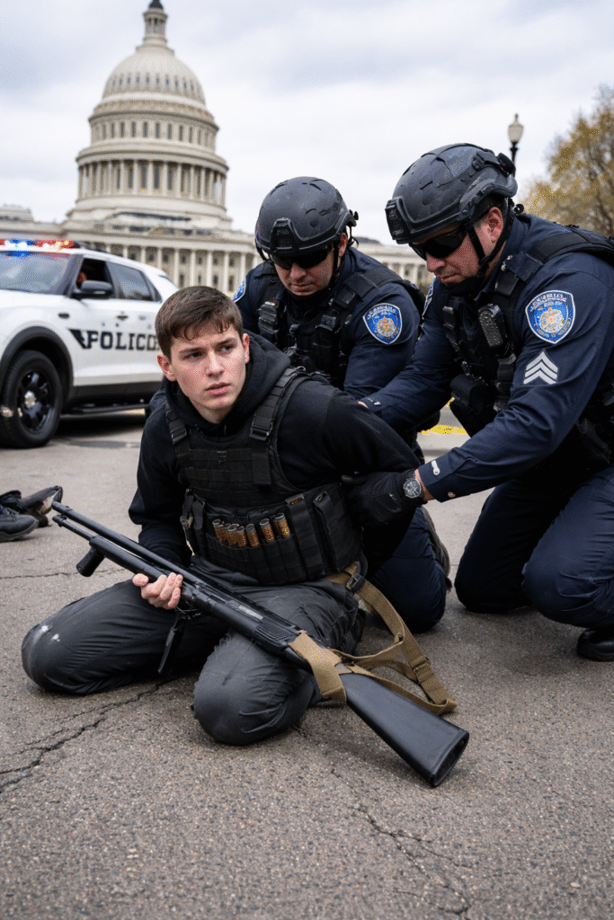 Police officers detain a young man in tactical gear holding a shotgun outside the U.S. Capitol, with patrol vehicles and the Capitol dome visible in the background.
