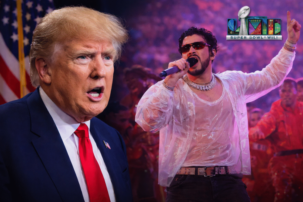 Composite image of Donald Trump reacting on the left and a Super Bowl halftime performer on stage on the right under stadium lighting, illustrating reaction to the performance.