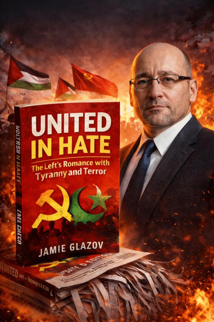 Man in a suit standing beside a book and protest scene with red flags and Palestinian flags in the background, lit by flames and smoke to suggest ideological conflict.