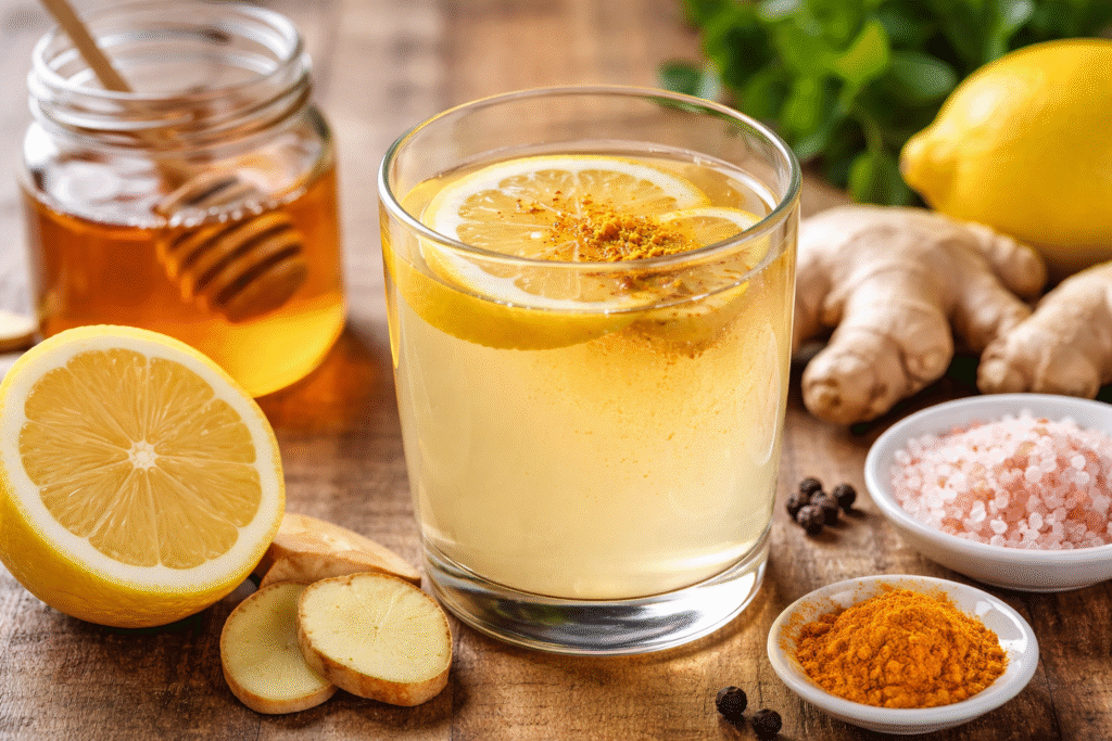 Glass of warm lemon honey drink with turmeric and pink Himalayan salt, surrounded by fresh lemon, ginger root, honey jar, and spices on a wooden table.