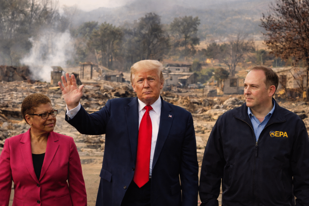 Donald Trump walks through a wildfire-damaged Los Angeles neighborhood with Karen Bass and Lee Zeldin, surveying burned homes and debris in the background.