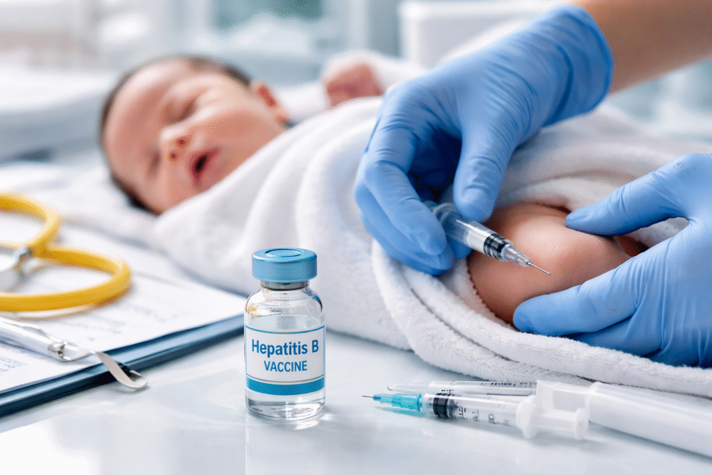 Newborn baby receiving an injection in a hospital setting, with a medical professional wearing blue gloves administering a vaccine while medical supplies rest nearby.