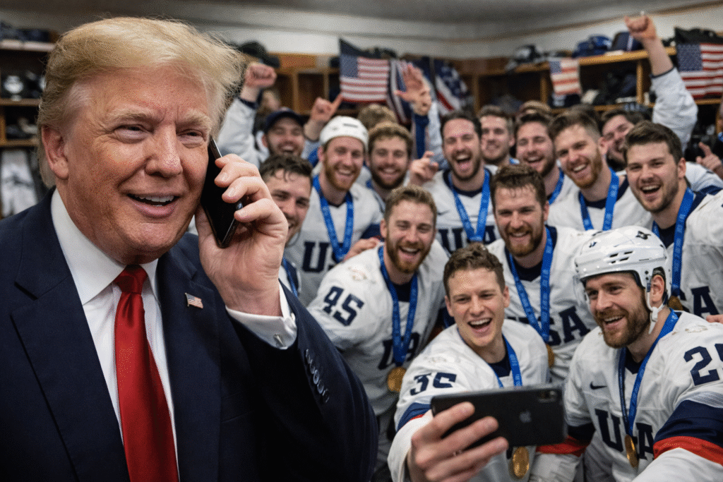 President Donald Trump speaking on a phone call on the left, with Team USA men’s hockey players celebrating their gold medal victory together in a locker room on the right.