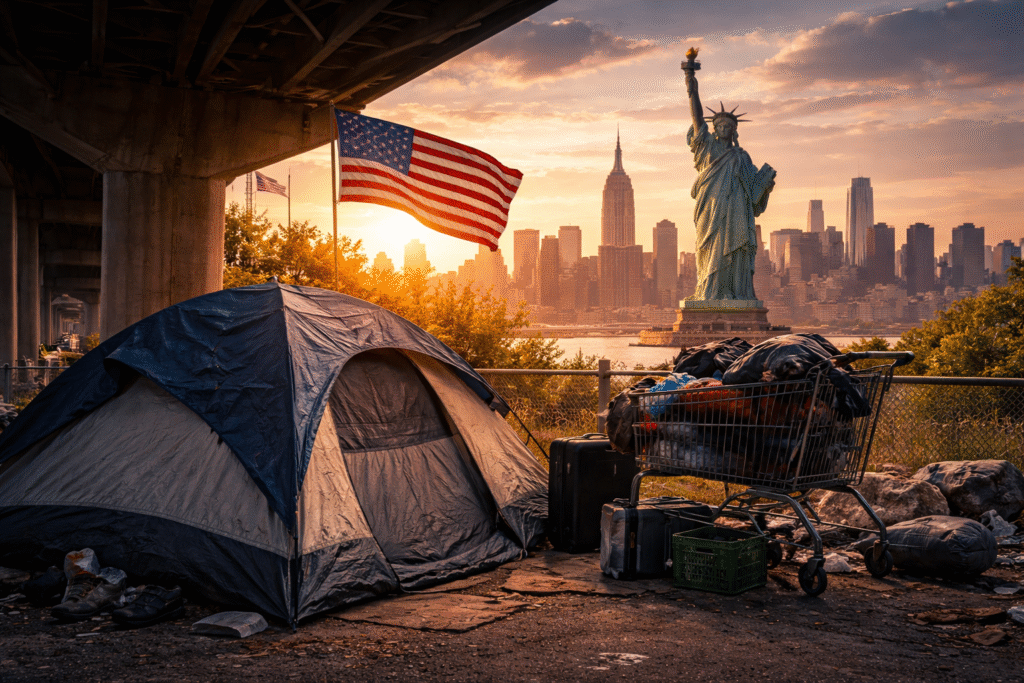 Homeless encampment beneath an overpass with a tent and shopping cart, American flag nearby, and the Statue of Liberty and New York skyline in the background at sunset.