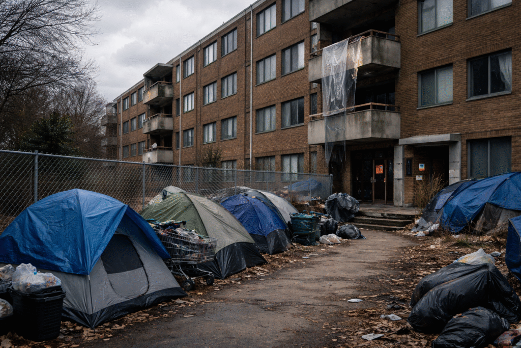 Exterior of a deteriorating condominium building with visible structural damage and tents from a nearby homeless encampment lined along a fenced walkway.