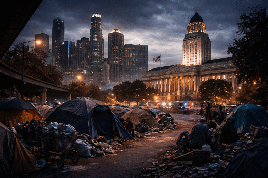 Large homeless encampment with tents and scattered belongings in the foreground, set against a U.S. city skyline and illuminated city hall building at dusk.