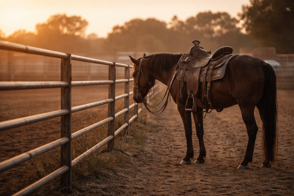 Saddled brown horse standing quietly beside a rodeo arena fence at sunset, illuminated by warm evening light.
