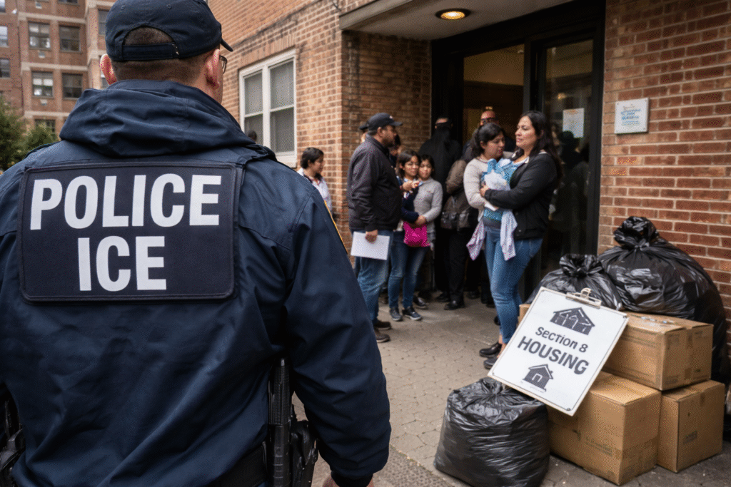 Law enforcement officer standing outside a public housing building entrance as several families gather nearby with bags and boxes.