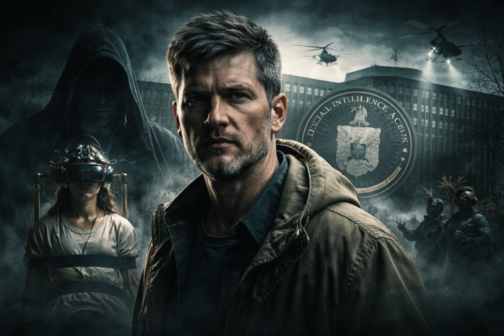 Composite image of an unidentified man in the foreground with a government intelligence building, helicopters, and shadowed figures in the background suggesting surveillance and covert activity.