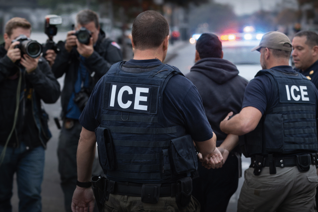 ICE agents detaining a suspect on a city street while photographers document the arrest and police vehicles with flashing lights are visible in the background.