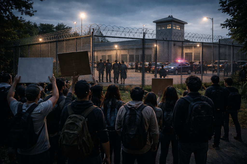 Protesters gathered outside a secured detention facility perimeter at dusk, facing fenced barriers, security lighting, and law-enforcement vehicles in the background.