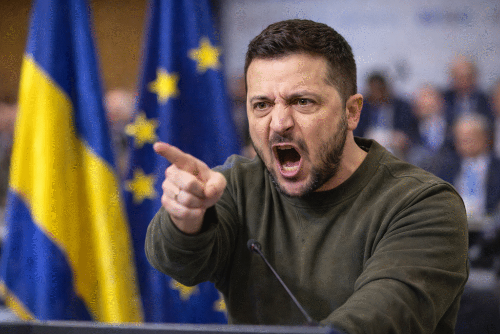 Image of Ukrainian President Volodymyr Zelensky speaking at the Munich Security Conference, gesturing while addressing microphones with European flags and attendees in the background.