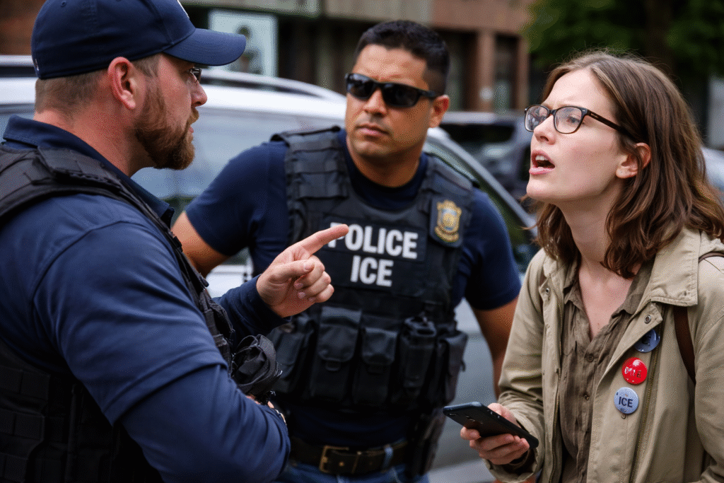 ICE agents speaking with a woman on a city street during an enforcement situation, as she holds a phone and responds while officers stand nearby.