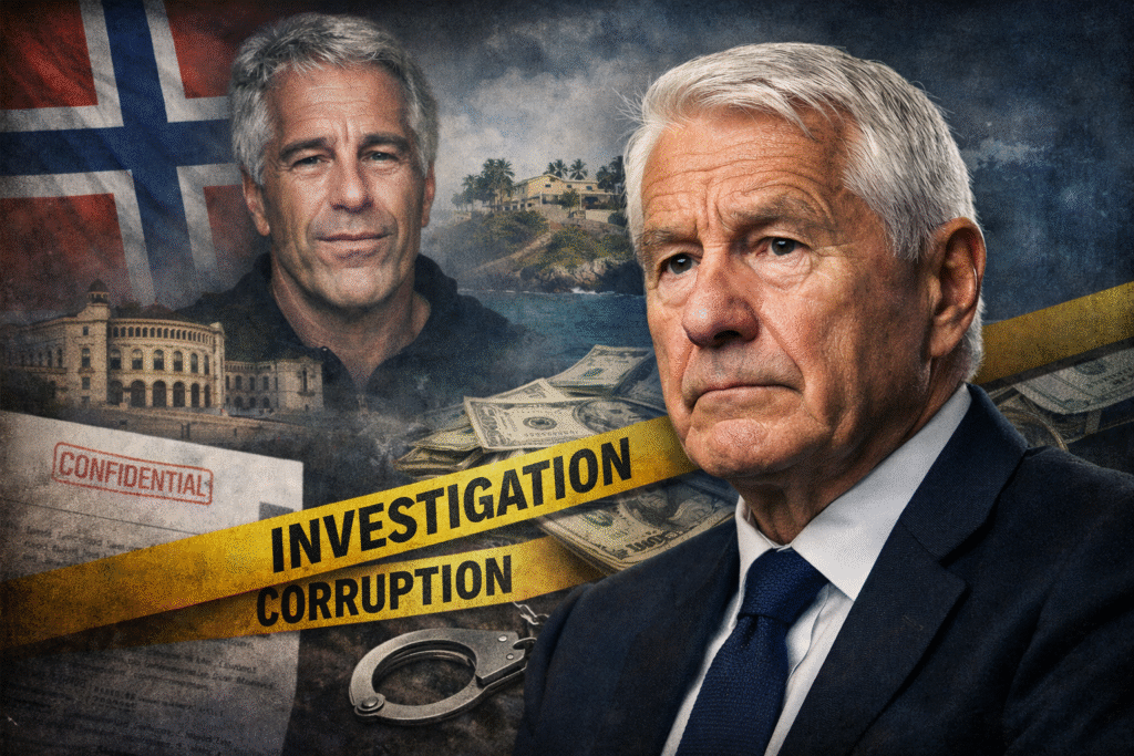 Composite news-style image of an older male public figure in a suit, investigative tape, documents, and currency imagery symbolizing a corruption probe.