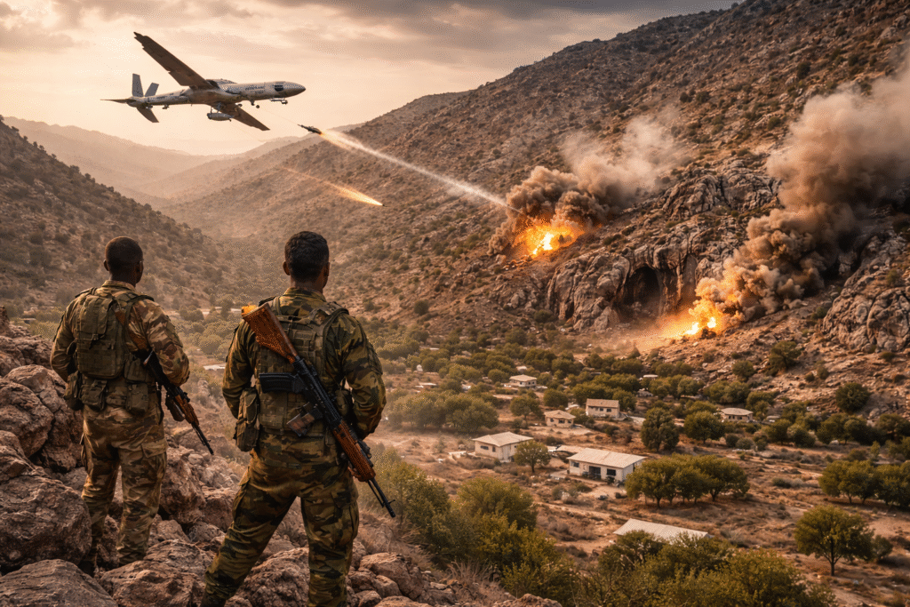 Military drone launching a strike over mountainous terrain in Somalia as explosions and smoke rise from targeted hillside positions.