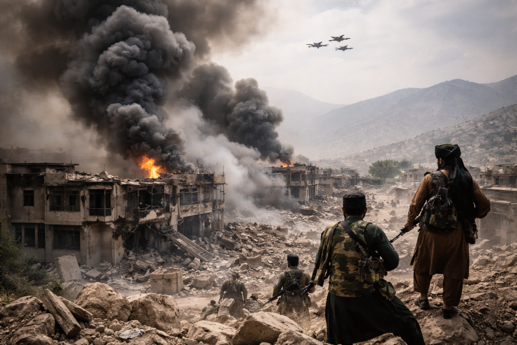 Armed fighters stand amid rubble in Kabul as thick black smoke rises from damaged buildings following air strikes, with military jets visible overhead.