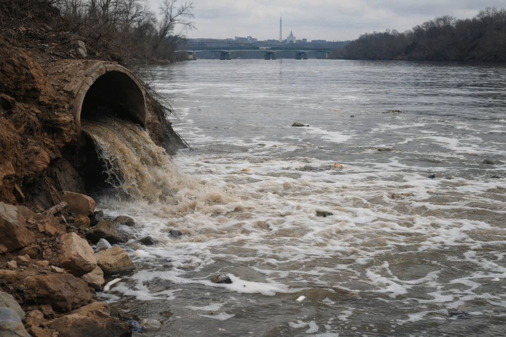 Large concrete sewer pipe discharging polluted water into the Potomac River, with foamy debris visible on the surface and a bridge in the distance.
