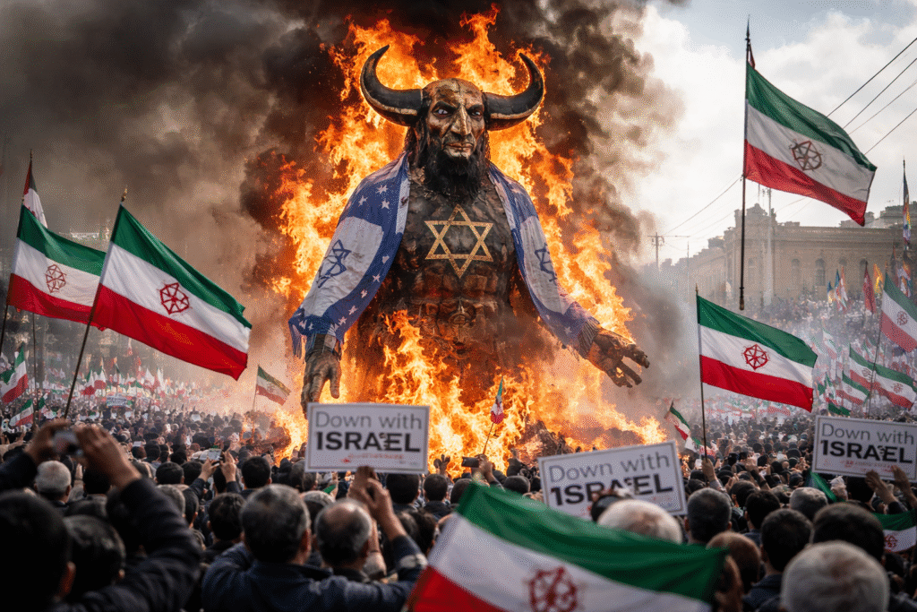 Large protest crowd at an Iranian rally surrounding a burning effigy as national flags wave and smoke fills the air.