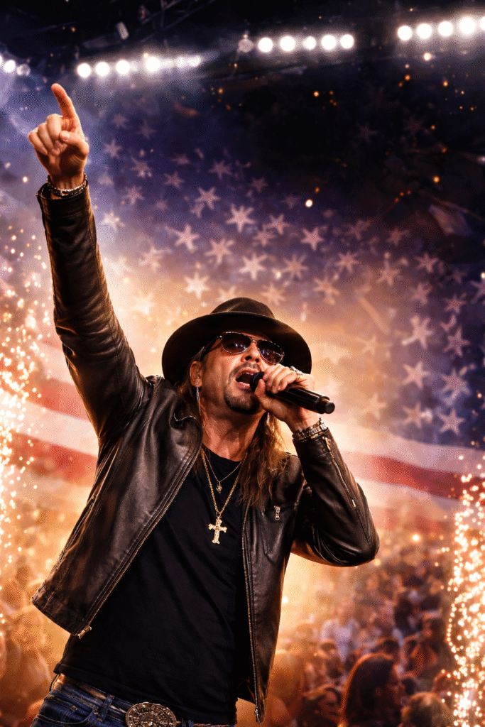 Singer performing on stage with microphone, wearing black hat and leather jacket, cross necklace visible, American flag backdrop and concert lights behind him.