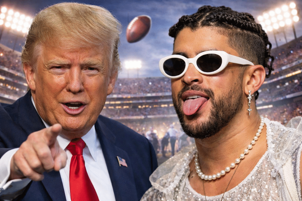 Composite image of Donald Trump and Bad Bunny facing forward inside a brightly lit football stadium, with a stage and crowd blurred in the background.