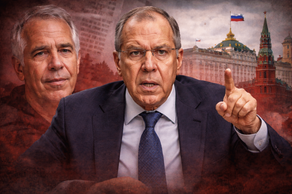 Composite image showing Sergey Lavrov speaking in the foreground, Jeffrey Epstein portrait behind him, and the Kremlin with Russian flag in the background.