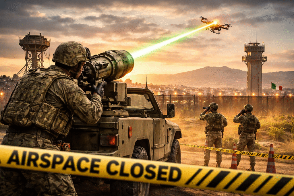 U.S. soldiers using a mounted laser system to target a drone near the border fence, with surveillance towers and city skyline in the background.