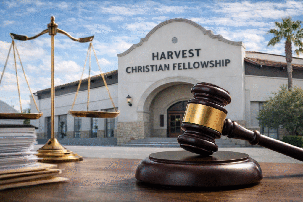 Exterior of a church building with a gavel and scales of justice in the foreground, representing legal action involving a Christian ministry.