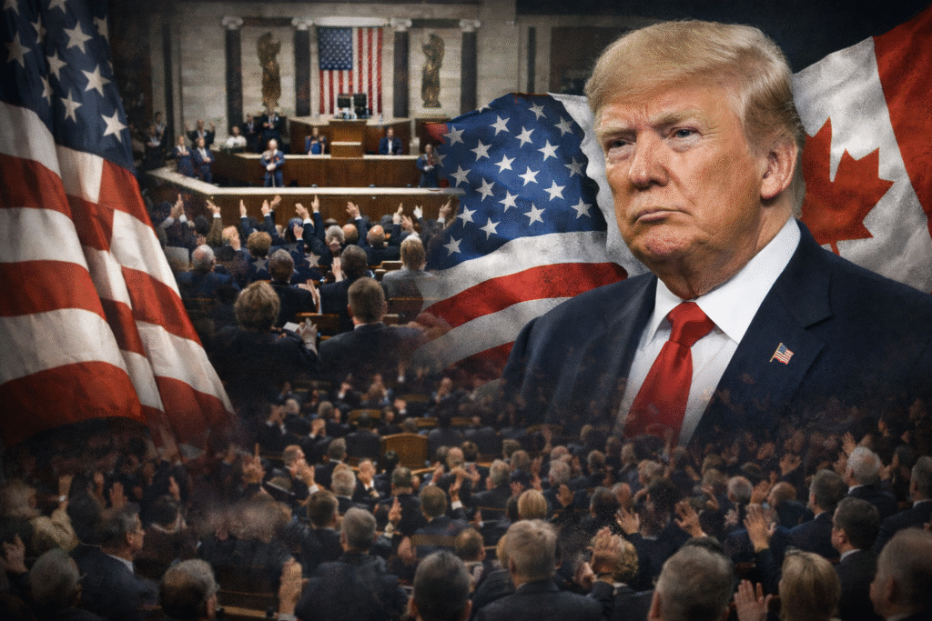 US House chamber during session with lawmakers visible, U.S. and Canadian flags blended in the background, and Donald Trump in the foreground wearing a suit and red tie.