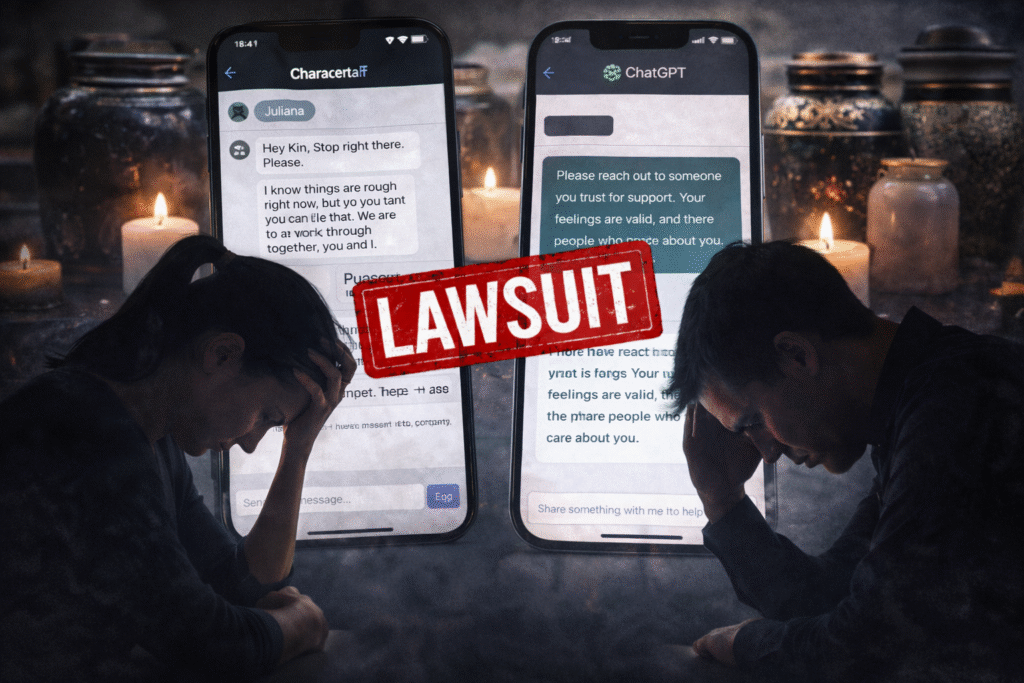 Two smartphones displaying AI chatbot conversations with supportive messages, while concerned adults sit with heads bowed in the foreground, candles glowing in the background to represent grief and public concern.