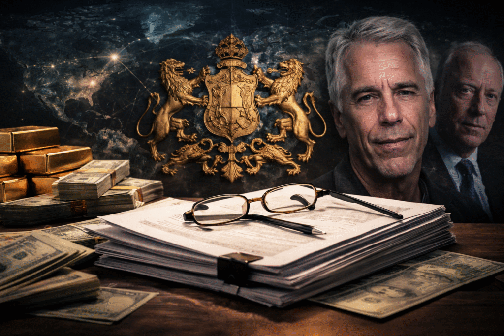 Stack of legal documents with eyeglasses and a gold pen on a desk, surrounded by cash and gold bars, with a world map and blurred portraits of Jeffrey Epstein and an older businessman in the background.