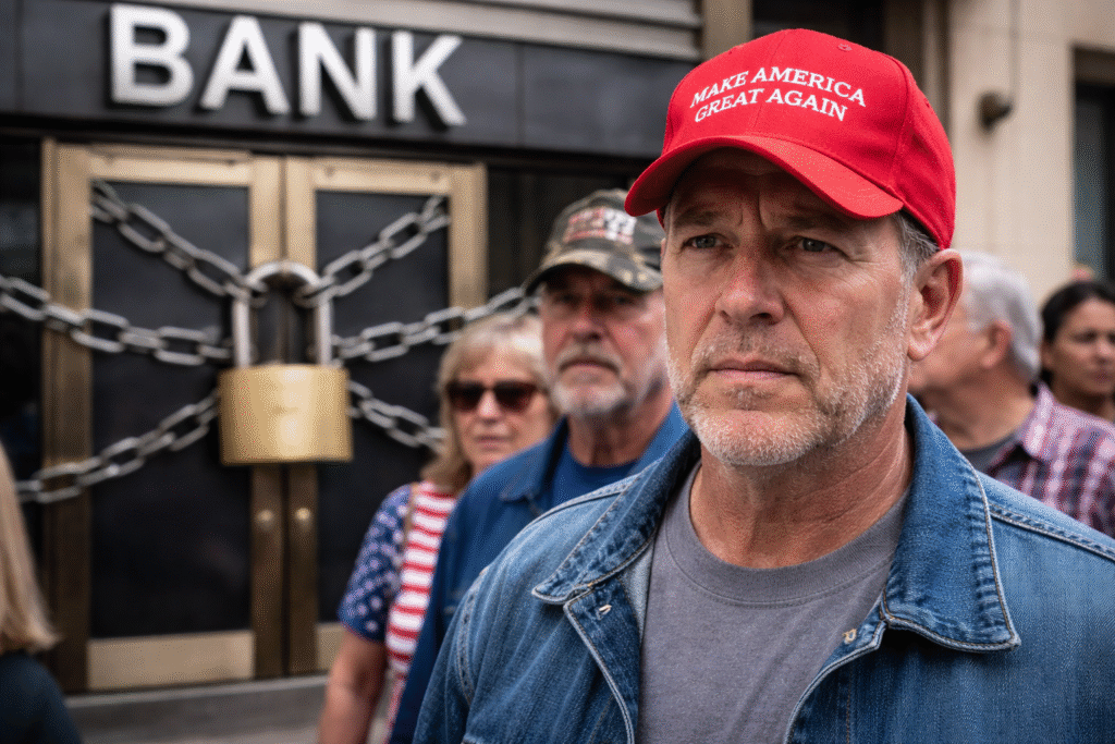 Supporters standing outside a closed bank entrance secured with chains and a padlock, symbolizing concerns over account closures and access to financial services.