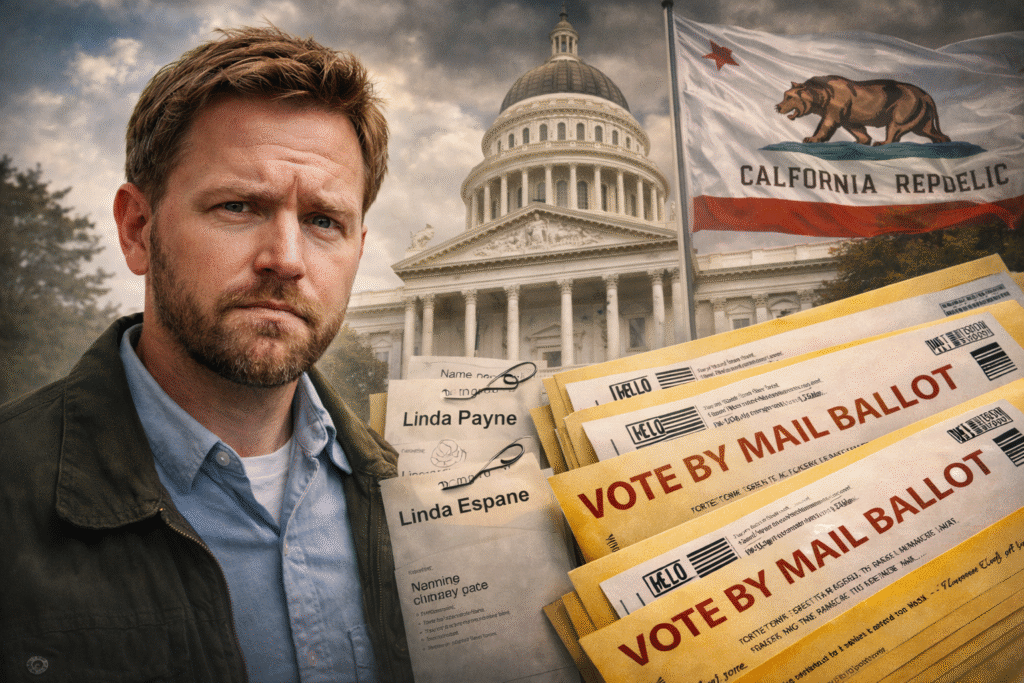 Man holding voter registration documents beside mail ballots with California State Capitol and state flag in the background.