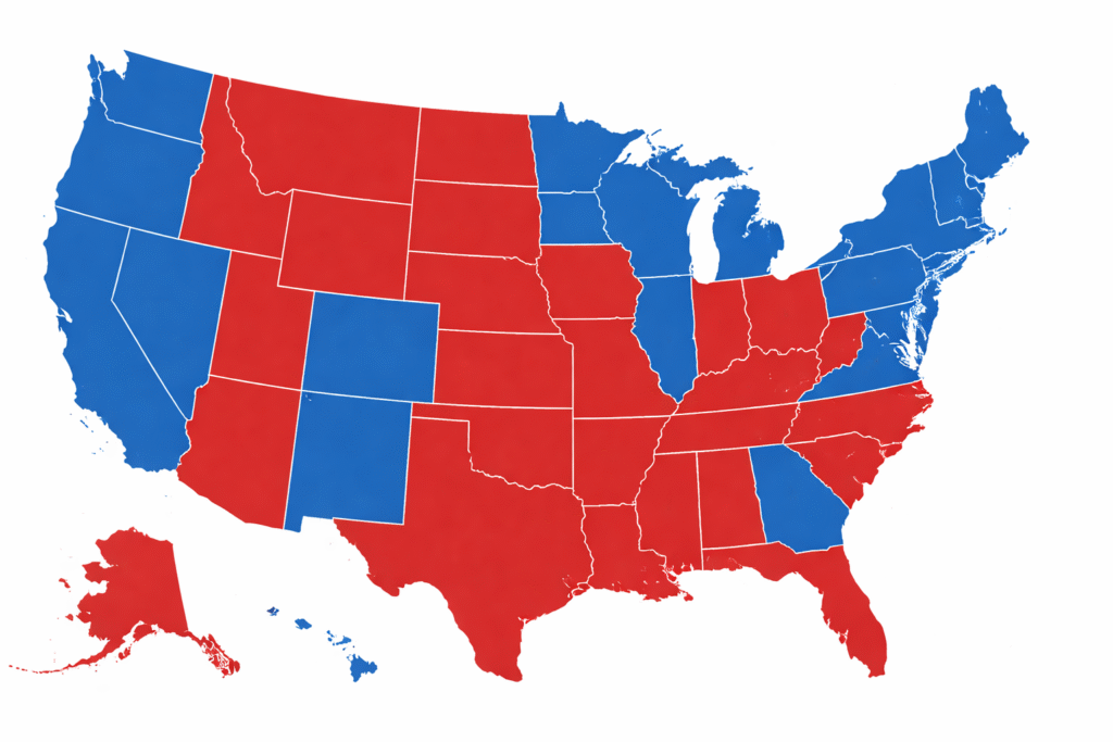 U.S. election results map with individual states shaded in solid red and blue, showing a color-coded statistical distribution across the country on a light background, with Alaska and Hawaii included.
