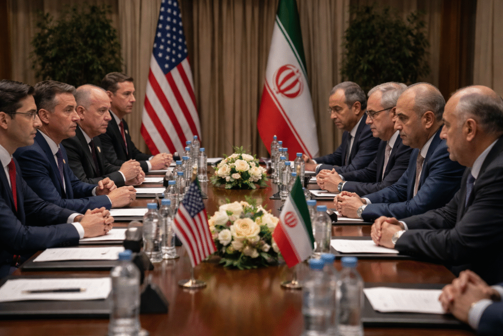 Diplomatic meeting between U.S. and Iranian delegations seated across a table during nuclear negotiations, with national flags and officials in a formal conference room.