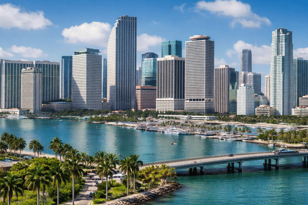 Daytime view of the Miami skyline with high-rise buildings along turquoise waterfront, palm trees lining the shore, and a bridge crossing the bay.