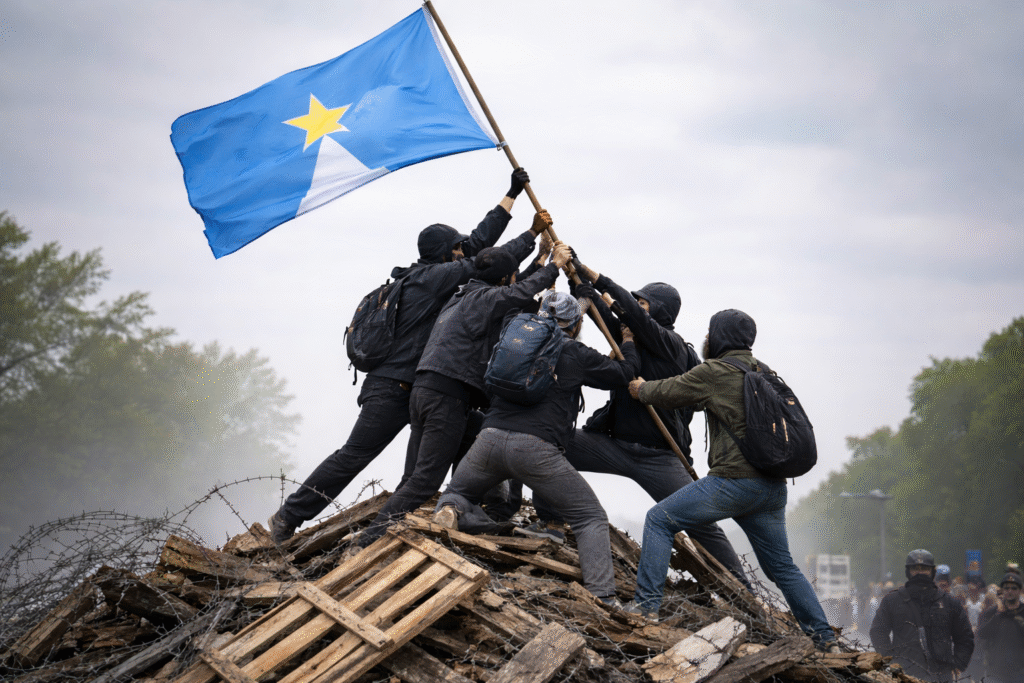 Group of masked activists raising a Minnesota state flag on a pile of debris in a pose resembling the World War II Iwo Jima flag-raising, with an overcast sky and onlookers in the background.