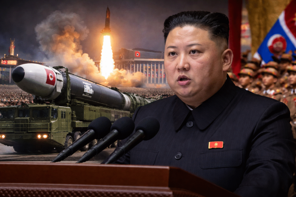 North Korean leader speaking at a podium during a military event, with a ballistic missile on a transporter, a missile launch, and uniformed troops in formation behind him.