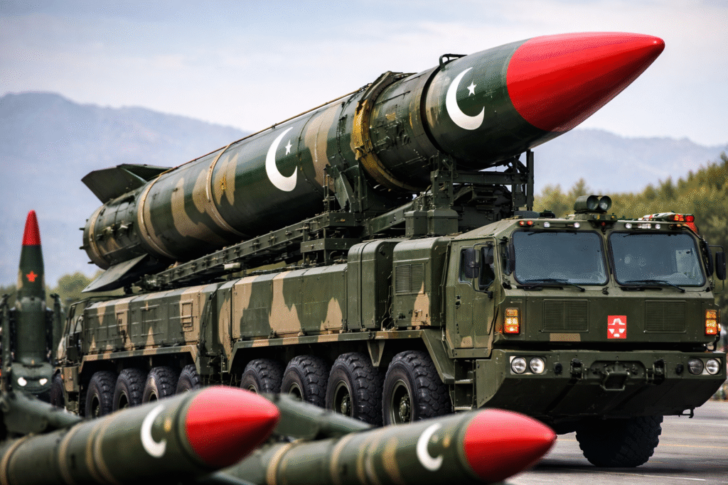 Pakistani ballistic missile mounted on a multi-axle military transporter during a military parade, with additional missile units visible in the background.