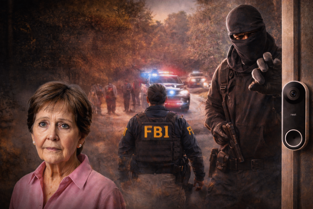Composite image showing an elderly woman, FBI agent, police vehicles with flashing lights, and masked suspect near a doorbell camera at a home entrance.