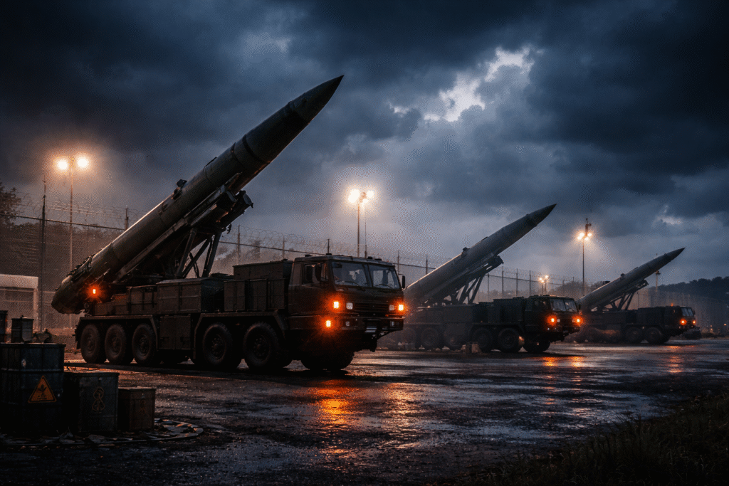 Mobile ballistic missile launch vehicles positioned at a secured military base at dusk, surrounded by fencing, floodlights, and storm clouds.