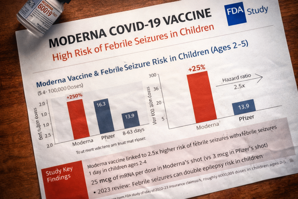 Printed statistical report sheet showing bar charts and comparative data on vaccine-related febrile seizure risk, laid on a desk beside a medical vial.